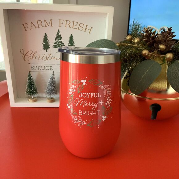 Brand New! Red Insulated 16oz Christmas Coffee/Wine Tumbler w/Lid - Picture 1 of 5